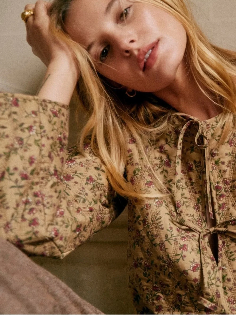 Sezane Paoline Quilted Jacket in Miranda Beige Print